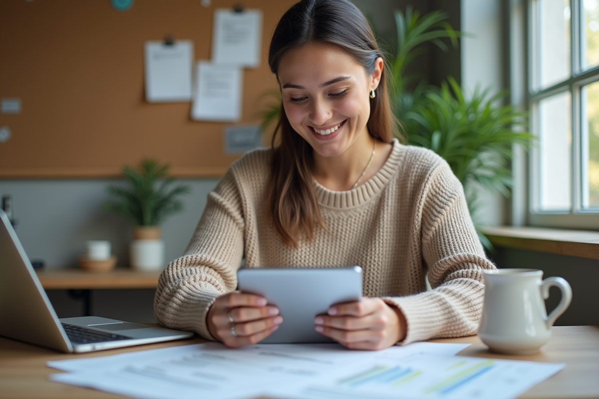 Jeune femme souriante utilisant une tablette pour ses déclarations fiscales