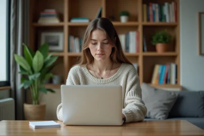 Jeune femme travaillant sur son ordinateur dans un intérieur cosy