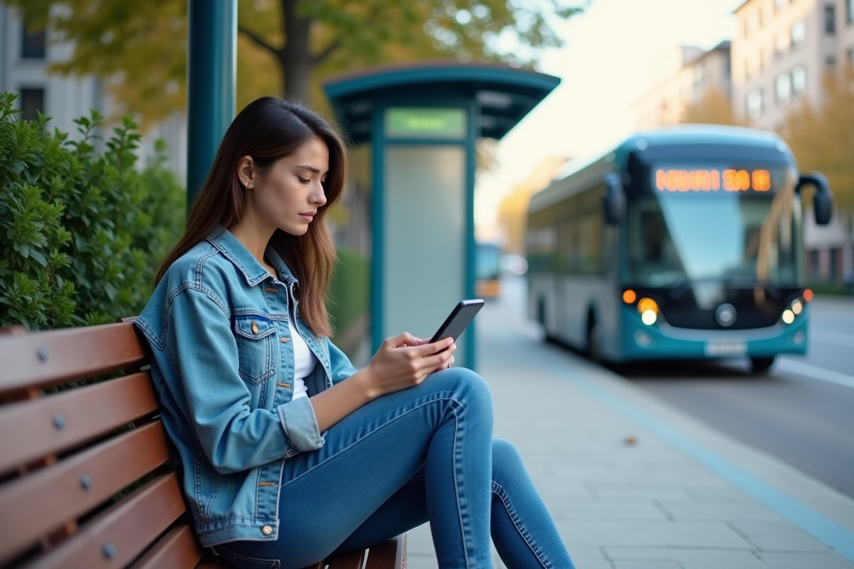 Jeune femme urbaine assise près d’un arrêt hydrogène