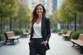 Femme confiante en blazer dans un parc urbain