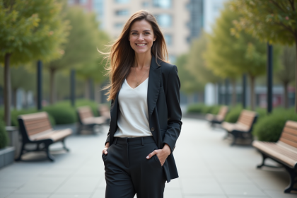 Femme confiante en blazer dans un parc urbain