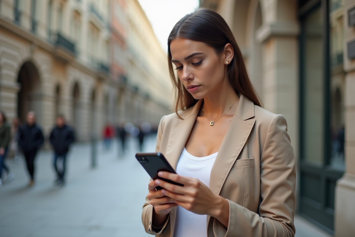 Jeune femme avec smartphone devant bâtiment historique