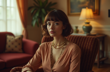 Femme élégante inspirée des années 70 dans un salon vintage
