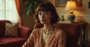 Femme élégante inspirée des années 70 dans un salon vintage