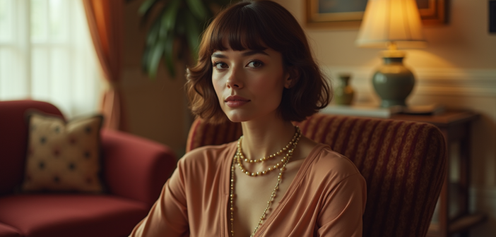 Femme élégante inspirée des années 70 dans un salon vintage