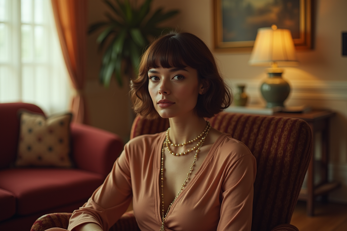 Femme élégante inspirée des années 70 dans un salon vintage