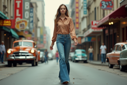 Jeune femme en jeans flare et blouse vintage dans la rue