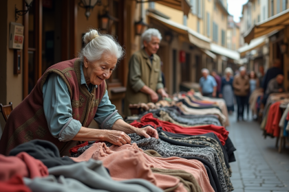 Femme âgée triant des vêtements vintage dans un marché aux puces