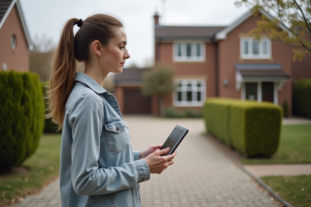 Jeune femme regardant sa maison dans un quartier résidentiel