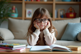 Jeune fille de 9 ans pensant dans un salon chaleureux