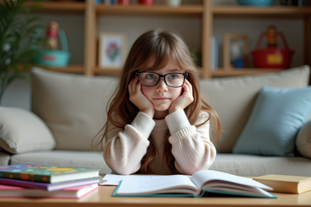 Jeune fille de 9 ans pensant dans un salon chaleureux