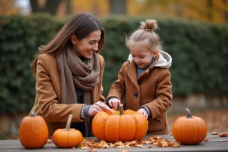 Femme souriante aidant un enfant à sculpter un potiron à Baguatelle