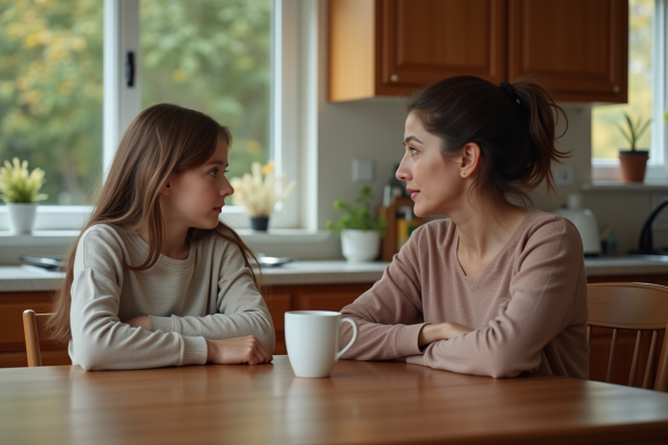 Fille adolescente et mère à la cuisine lors d'une discussion
