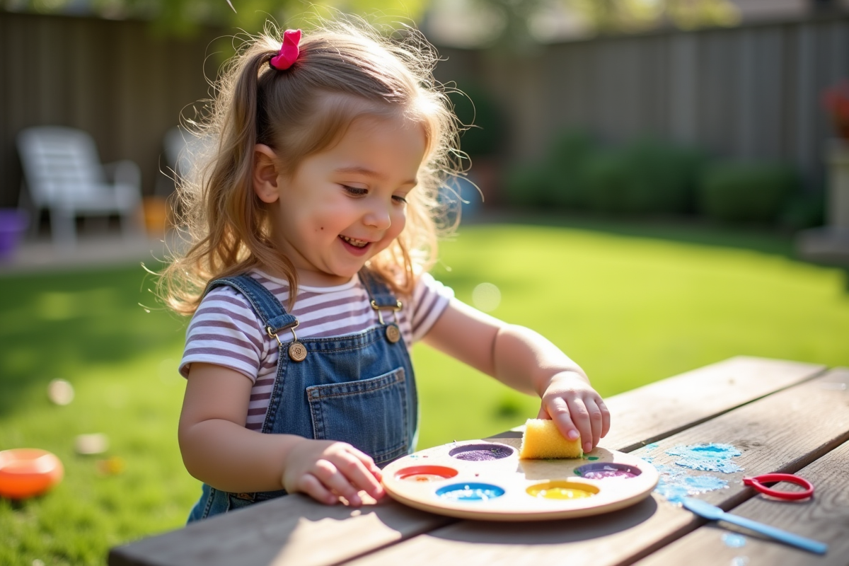 Fille de quatre ans nettoyant sa palette dans le jardin