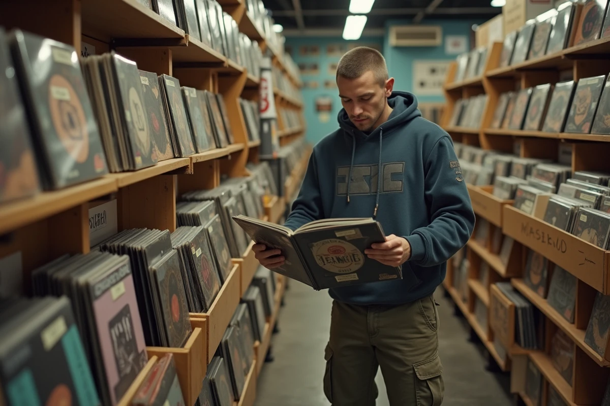 Homme fouillant des disques vinyles dans un disquaire spécialisé en musique électronique, ambiance authentique de passionné techno