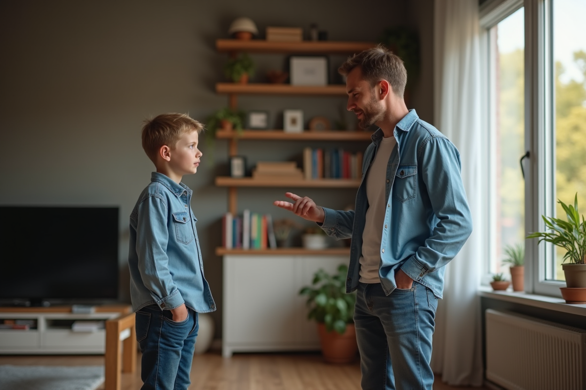 Garçon et père dans le salon en pleine conversation calme