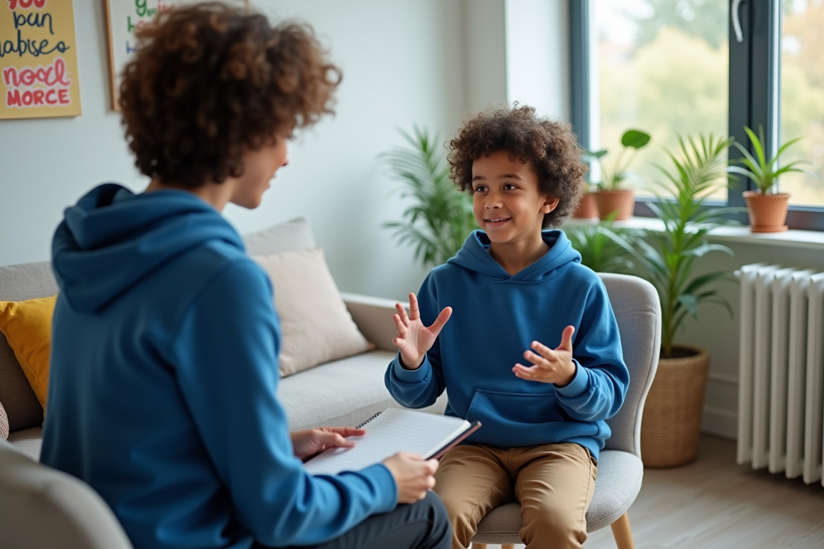 Garçon de 12 ans en discussion avec une therapiste dans un cabinet
