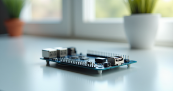 Gertduino microcontroleur sur table blanche en lumière naturelle