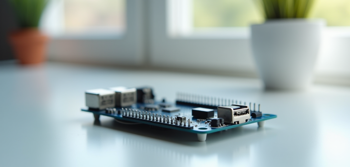 Gertduino microcontroleur sur table blanche en lumière naturelle