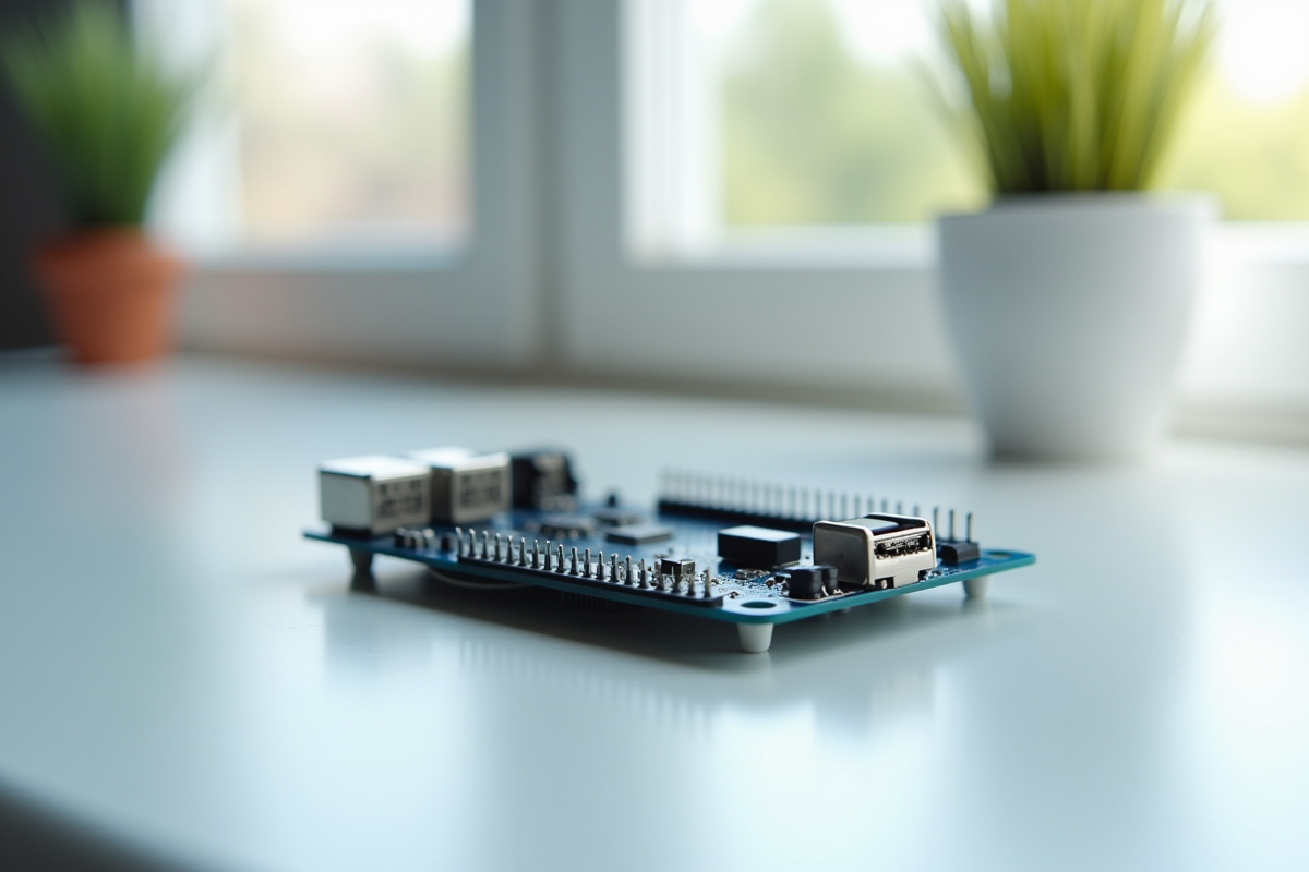 Gertduino microcontroleur sur table blanche en lumière naturelle