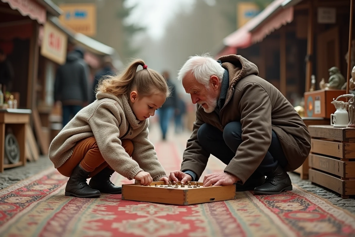 Grand-père et petite fille examinant un jeu vintage