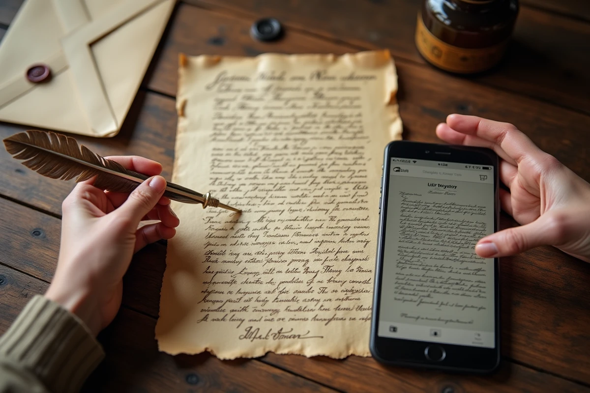 Gros plan d'une plume d'oie sur parchemin et d'un smartphone affichant un générateur de lettres style napoléonien
