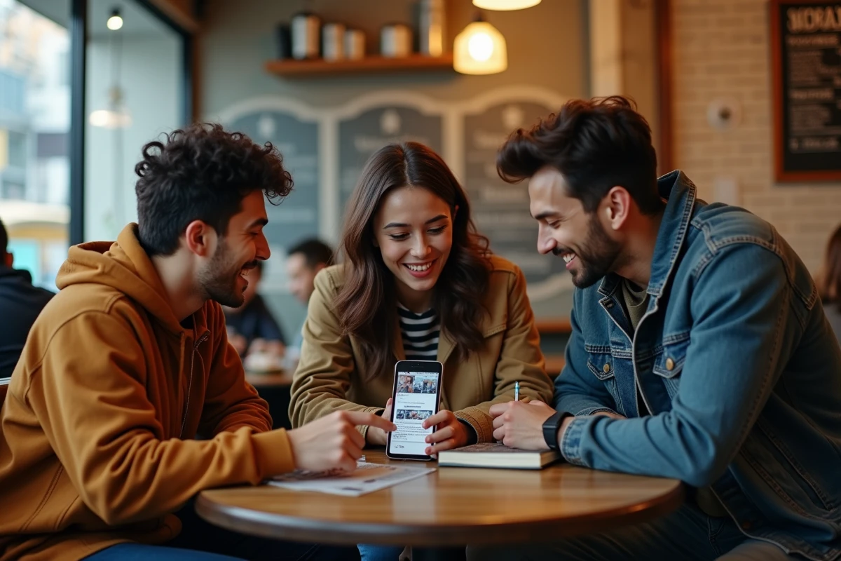 Trois amis discutent de sites de scans de manga autour d'un smartphone dans un café urbain animé