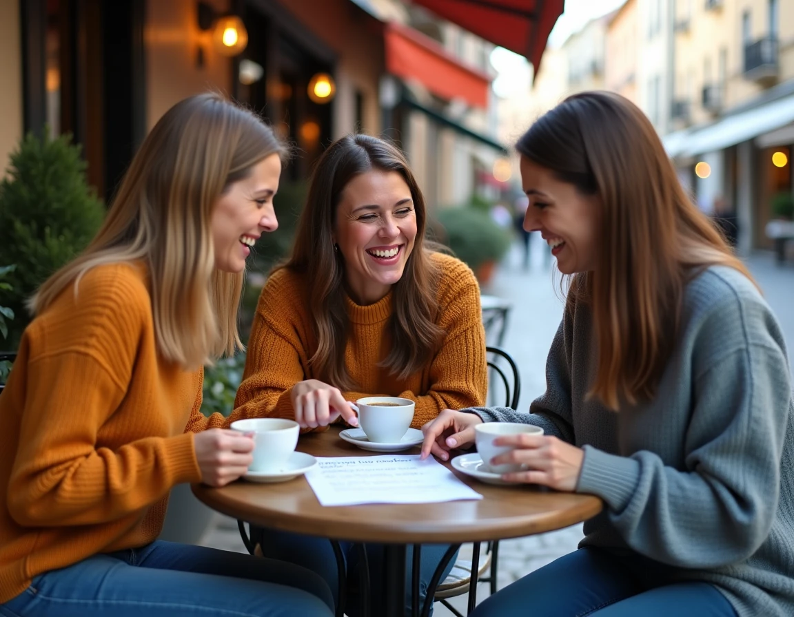 Groupe d'amis adultes en terrasse de café essayant de résoudre ensemble une devinette difficile et logique avec réponse
