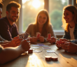 Groupe d'amis jouant au rummy en après-midi ensoleillée