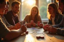 Groupe d'amis jouant au rummy en après-midi ensoleillée