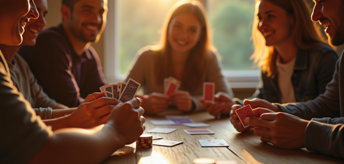 Groupe d'amis jouant au rummy en après-midi ensoleillée