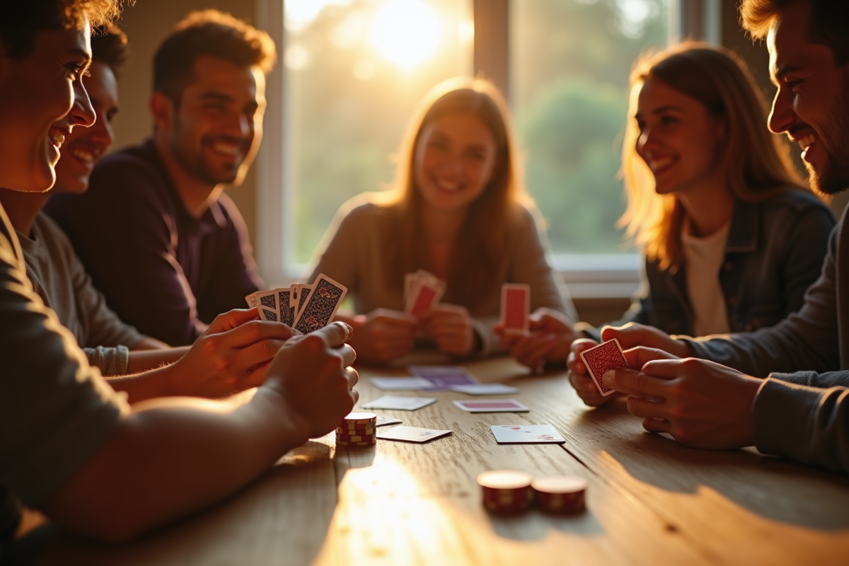 Groupe d'amis jouant au rummy en après-midi ensoleillée