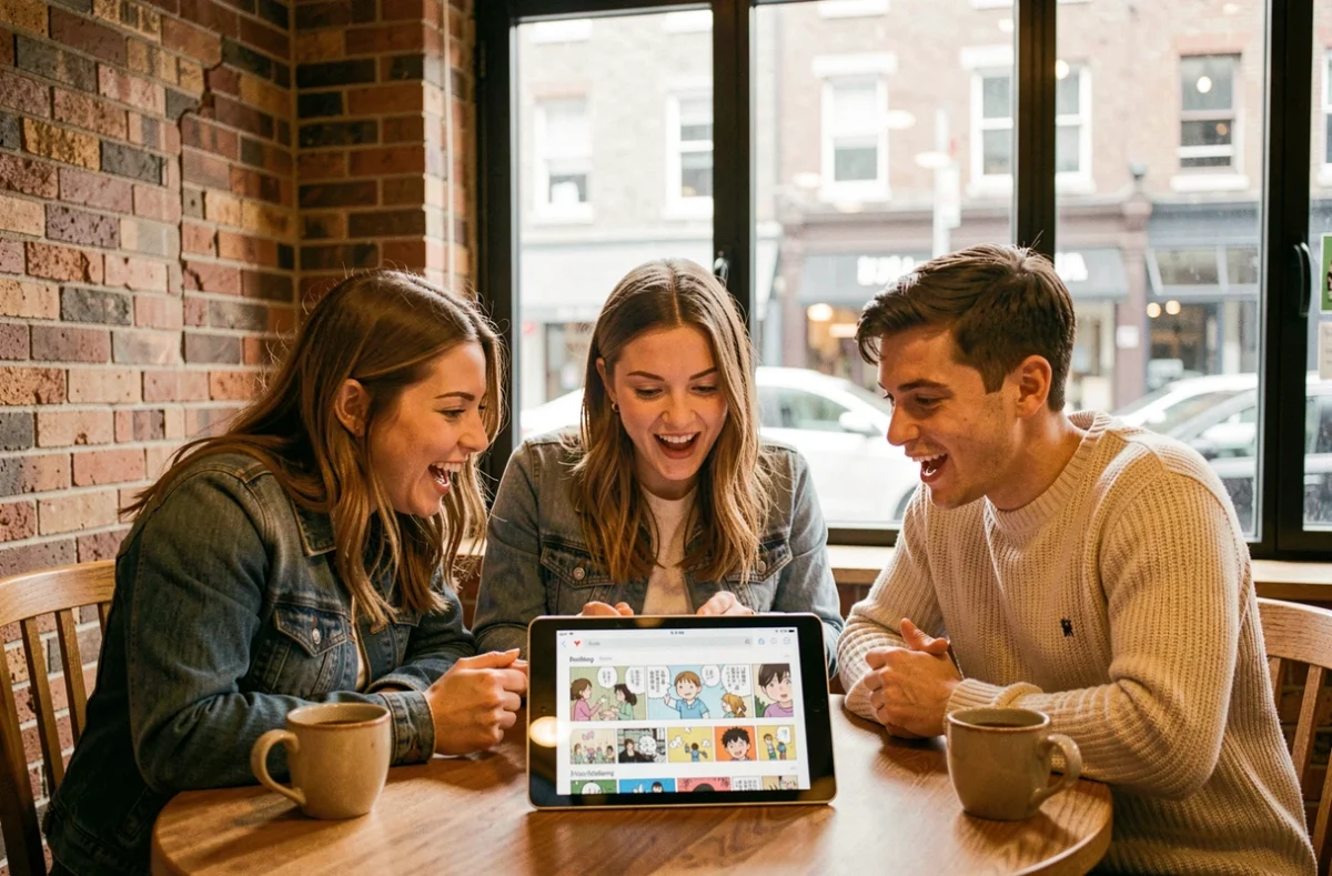 Groupe d'amis passionnés de manga discutant d'une plateforme de lecture sur une tablette dans un café
