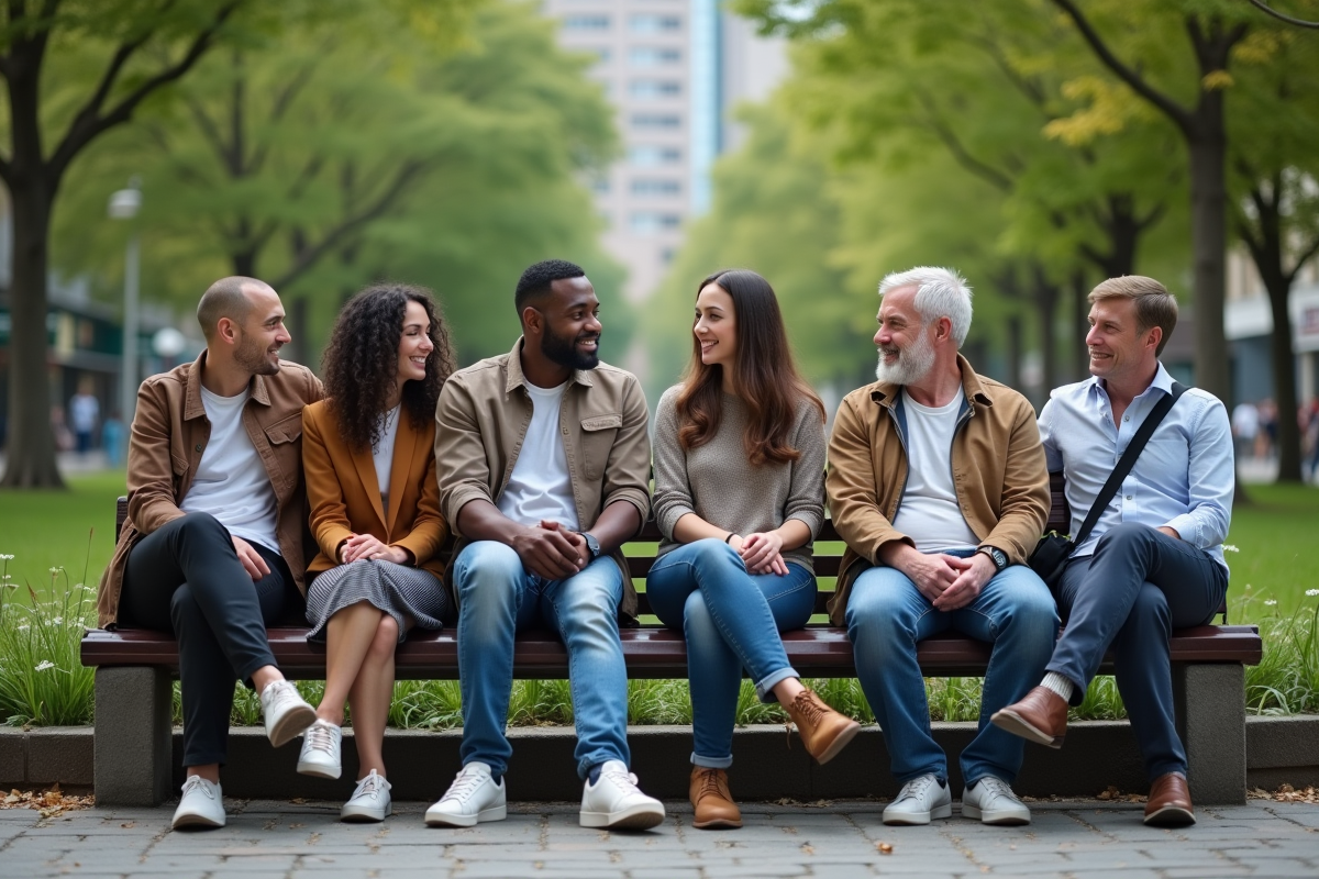 Groupe divers de personnes discutant dans un parc urbain