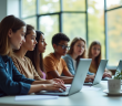 Groupe d'enseignants et étudiants dans une salle lumineuse