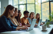 Groupe d'enseignants et étudiants dans une salle lumineuse