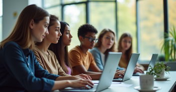 Groupe d'enseignants et étudiants dans une salle lumineuse