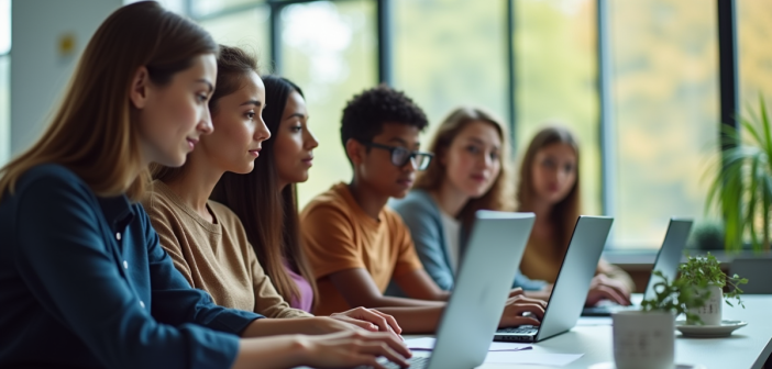Groupe d'enseignants et étudiants dans une salle lumineuse