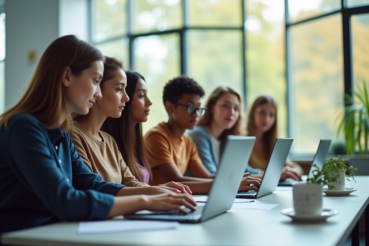 Groupe d'enseignants et étudiants dans une salle lumineuse