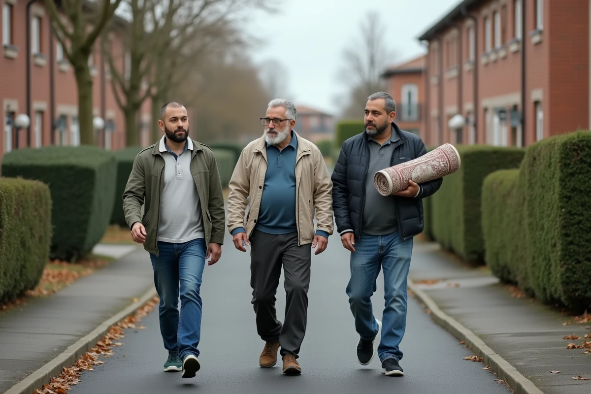 Groupe d'hommes se rendant à la mosquée avec un tapis de prière dans les rues de Vénissieux