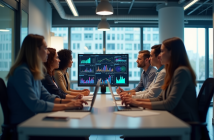 Groupe de professionnels collaborant autour d'un bureau moderne