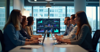 Groupe de professionnels collaborant autour d'un bureau moderne