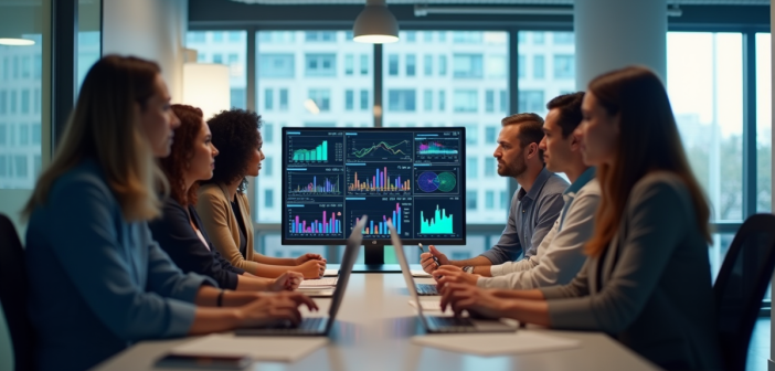 Groupe de professionnels collaborant autour d'un bureau moderne