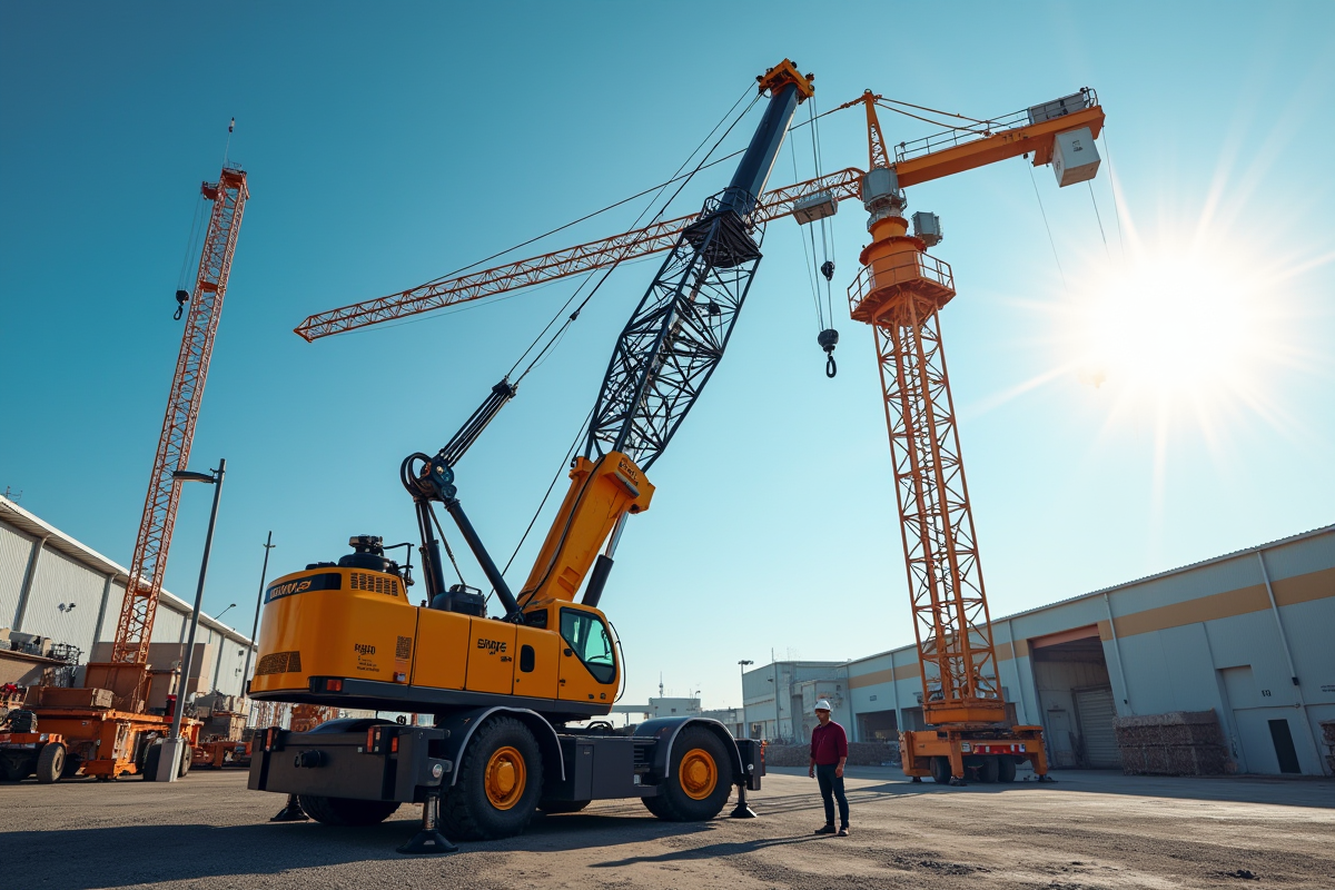 Grue de construction utilisée dans une cour industrielle ensoleillée avec un ouvrier