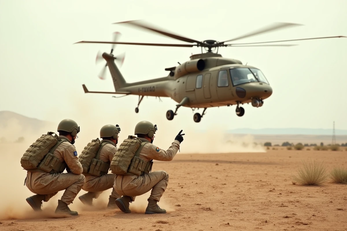 Hélicoptère Gazelle de l'armée française en vol tactique bas au-dessus d'un terrain désertique lors d'un exercice militaire