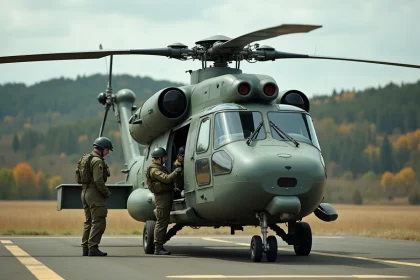 Hélicoptère d'attaque Tiger HAD de l'armée française lors d'un exercice de terrain avec des pilotes en combinaison de vol
