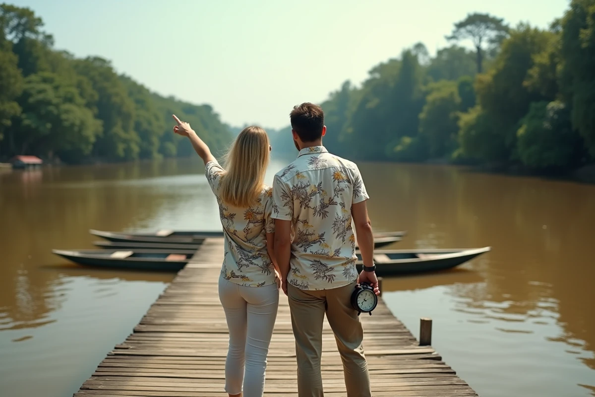 Couple regardant l'heure sur une horloge de voyage au bord du fleuve Maroni à Saint-Laurent-du-Maroni en Guyane française