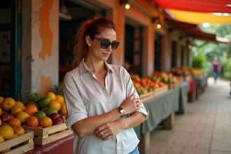 Femme consultant sa montre dans un marché coloré de Cayenne en Guyane française, entourée de fruits tropicaux