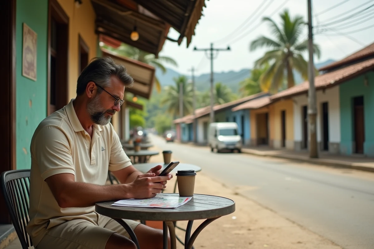 Homme vérifiant l'heure sur son smartphone à une terrasse de café à Kourou en Guyane française lors d'un voyage
