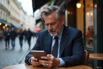 Homme d'affaires lisant des nouvelles sur une tablette à Paris
